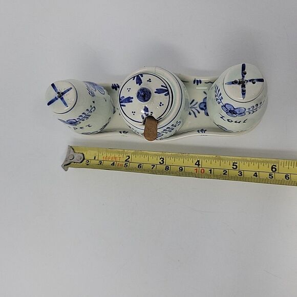 Vintage Delft Holland Salt & Pepper Shakers Blue /White Tray Set Mustard Jar - Picture 5 of 14